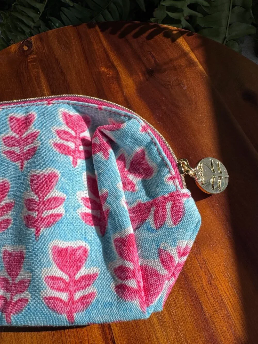 Estee Lauder Pink Blue Leaf Floral Print Cosmetic Makeup Bag Pouch